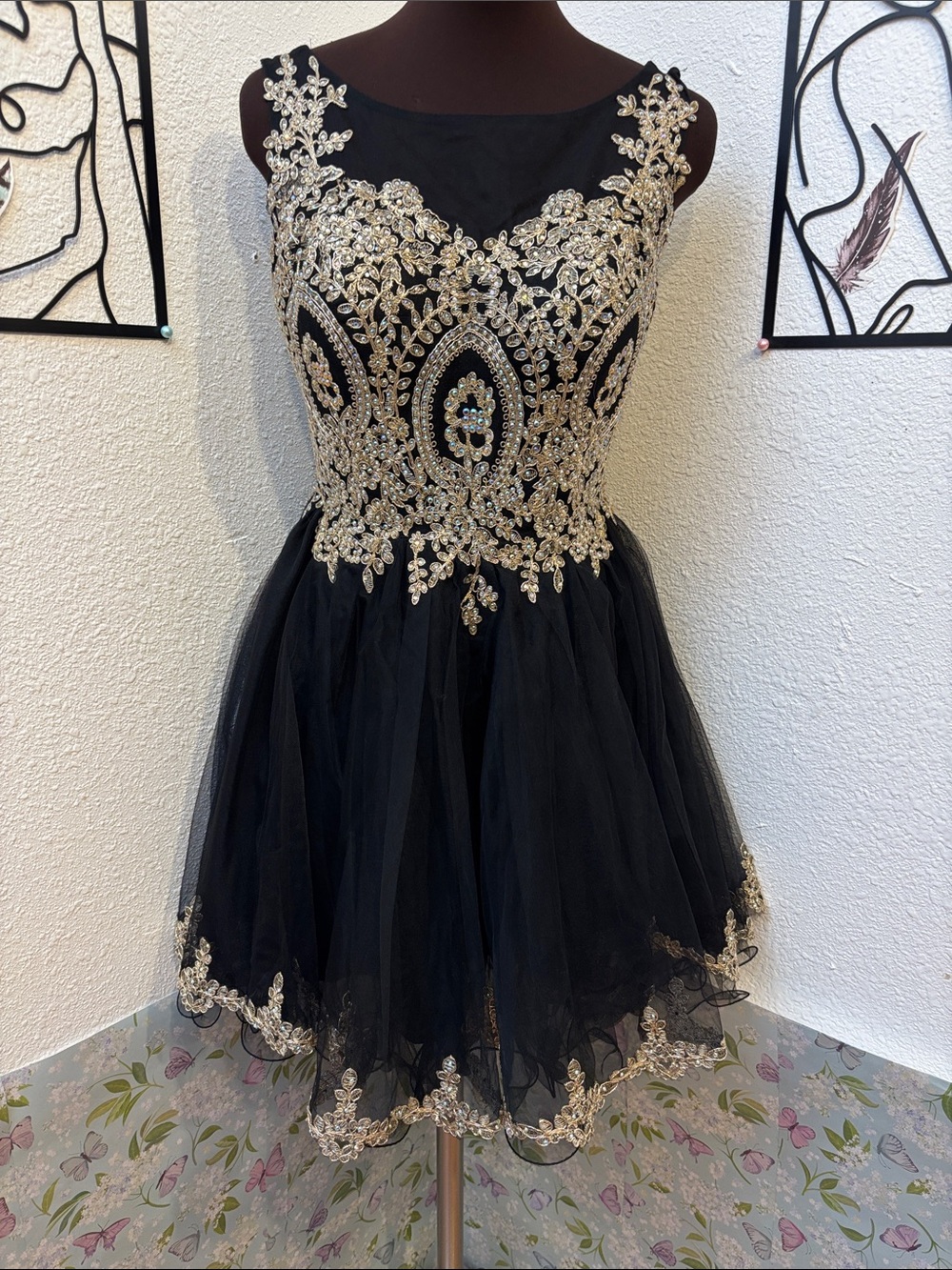 Cinderella Divine Black Tulle Cocktail Dress with Gold Embellishment. Size 8.